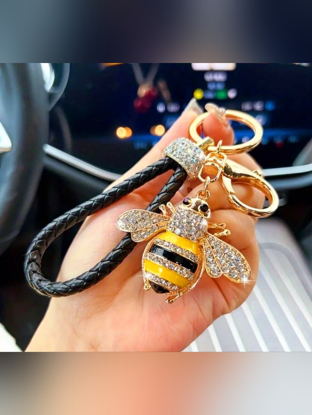 Crystal Bee Charm Keychain On Braided Leather Strap - Picture 2 of 3